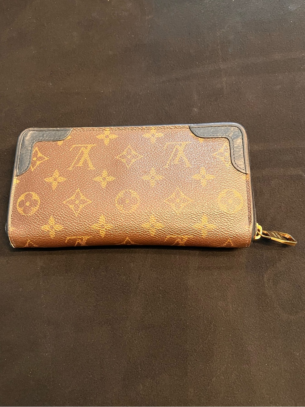 Louis Vuitton Monogram Zip Wallet in Brown and Tan with Gold Hardware